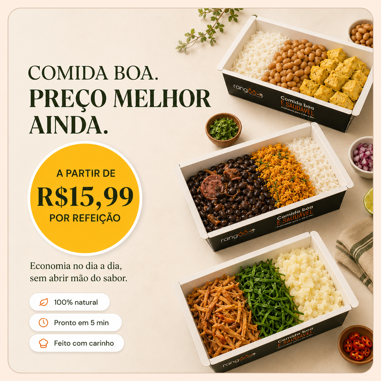 Kits Rangôô: refeições caseiras congeladas de 300g para o dia a dia, prontas em minutos